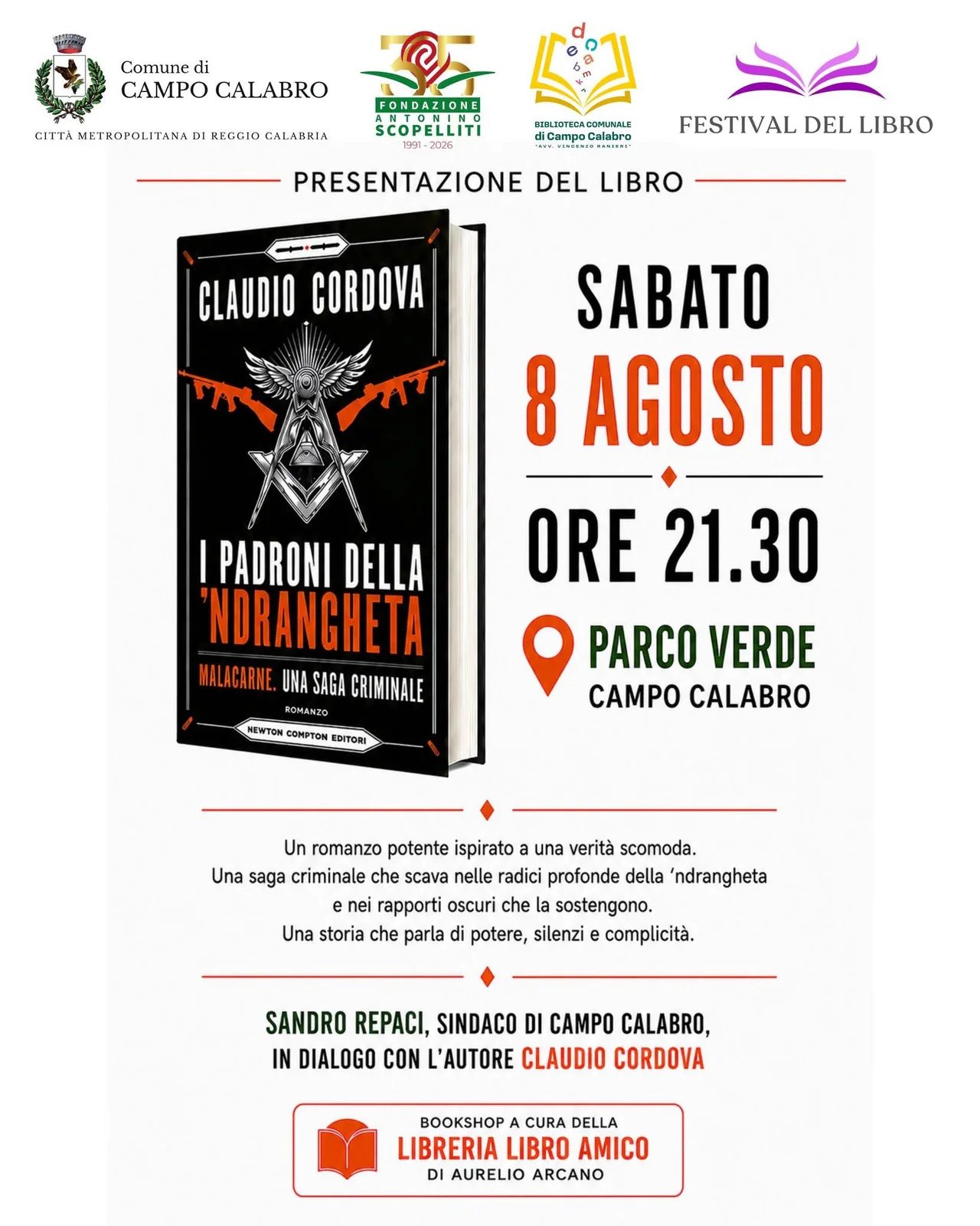 Locandina Presentazione del libro Claudio Cordova 2026 a Campo Calabro (Reggio calabria)