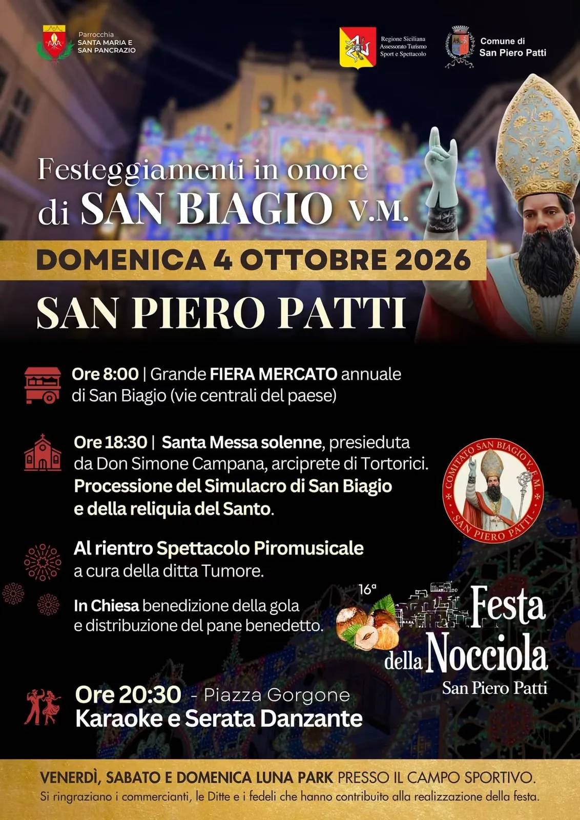 Locandina Festeggiamenti in onore di San Biagio V.M. 2026 a San Piero Patti (Messina)