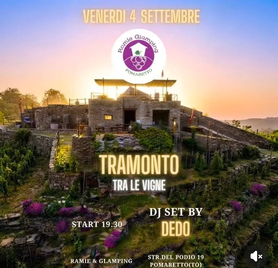 Locandina Ramie Glamping Tramonto tra le Vigne 2026 a Pomaretto (Torino)