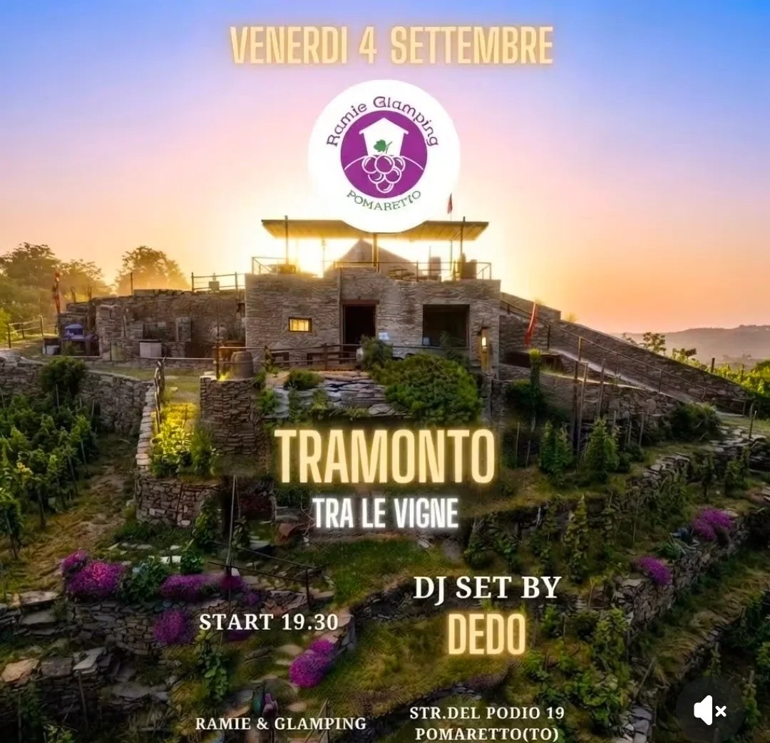 Locandina Ramie Glamping Tramonto tra le Vigne 2026 a Pomaretto (Torino)