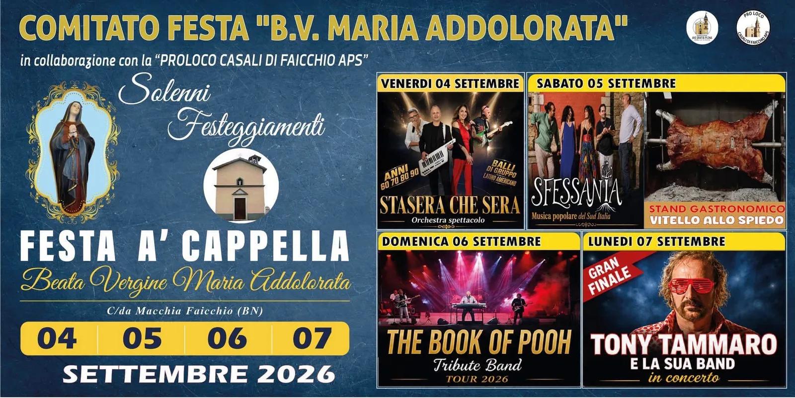 Locandina Festa 'A Cappella – Beata Vergine Maria Addolorata 2026 a Faicchio (Benevento)