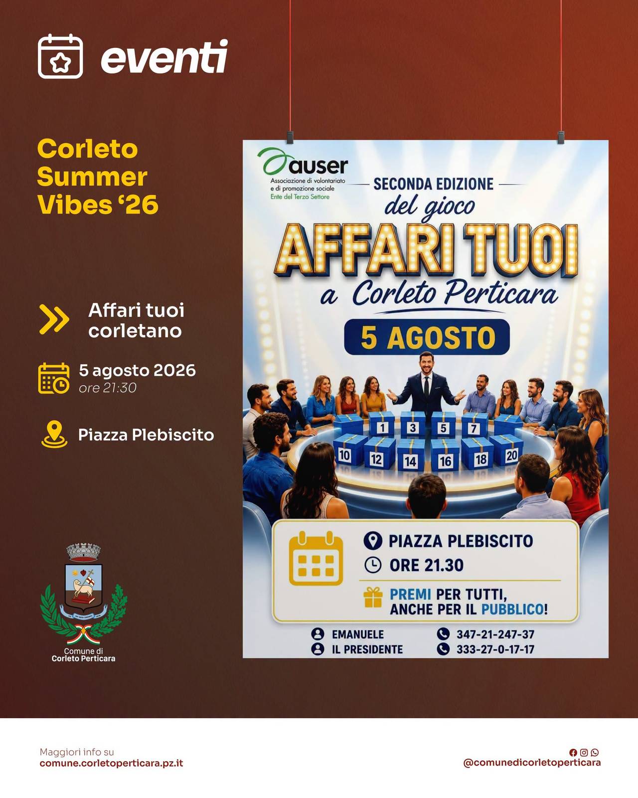 Locandina Affari Tuoi Corletano 2026 a Corleto Perticara (Potenza)
