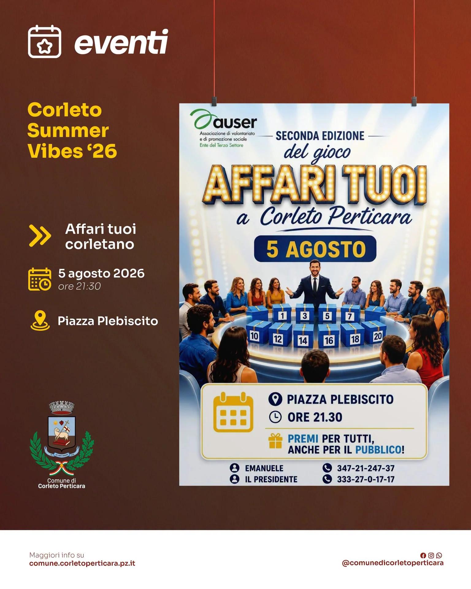 Locandina Affari Tuoi Corletano 2026 a Corleto Perticara (Potenza)