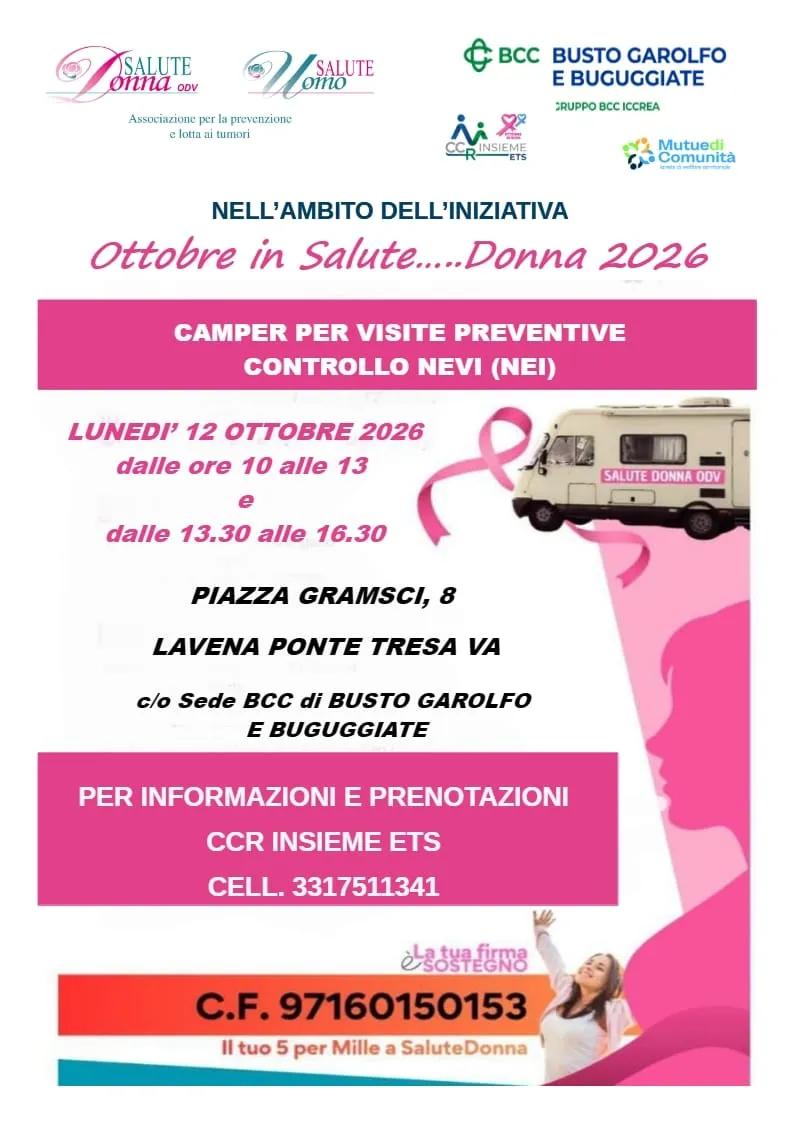 Locandina Quaranta visite oncologiche gratuite a Lavena Ponte Tresa il 12 ottobre: appena arrivata, la Bcc di Busto Garolfo e Buguggiate parte dalla salute a Lavena Ponte Tresa (Varese)