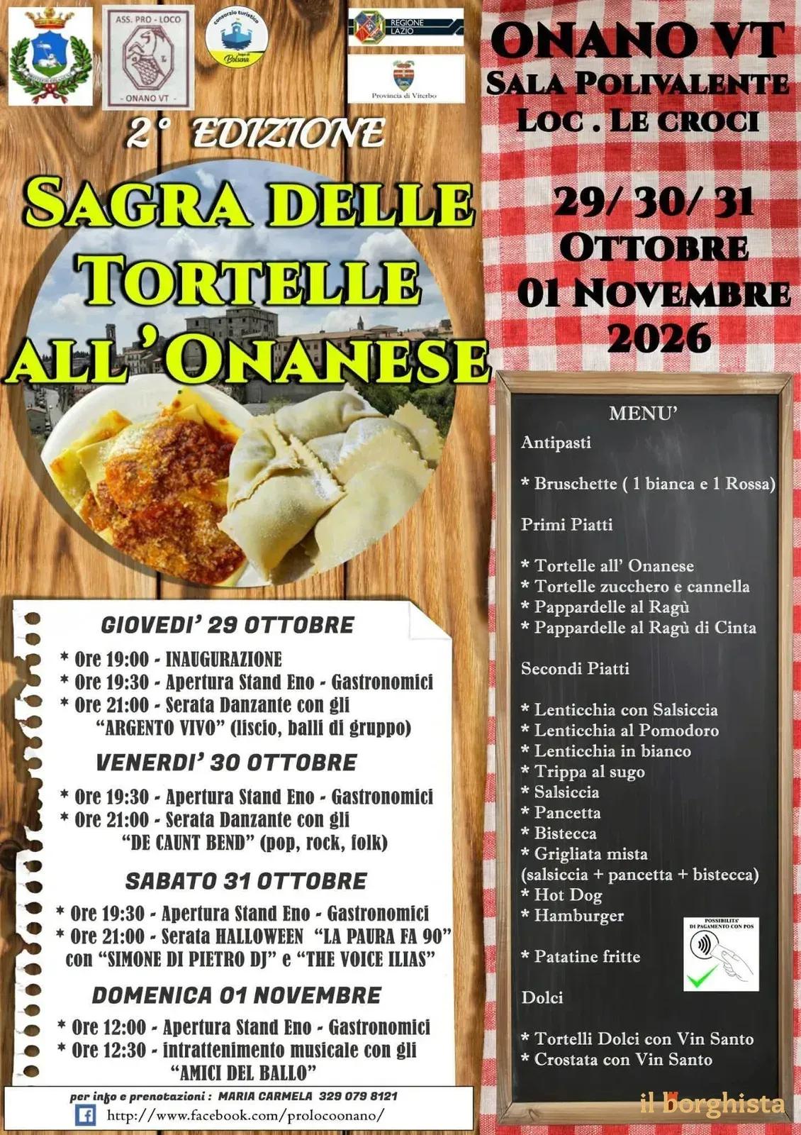 Locandina 2ª Sagra delle Tortelle all'Onanese 2026 a Onano (Viterbo)