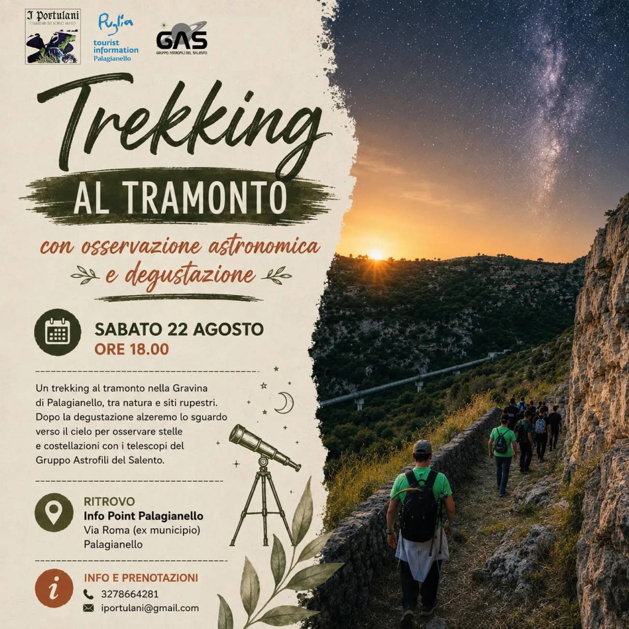 Locandina Trekking al Tramonto 2026 con osservazione astronomica a Palagianello (Taranto)