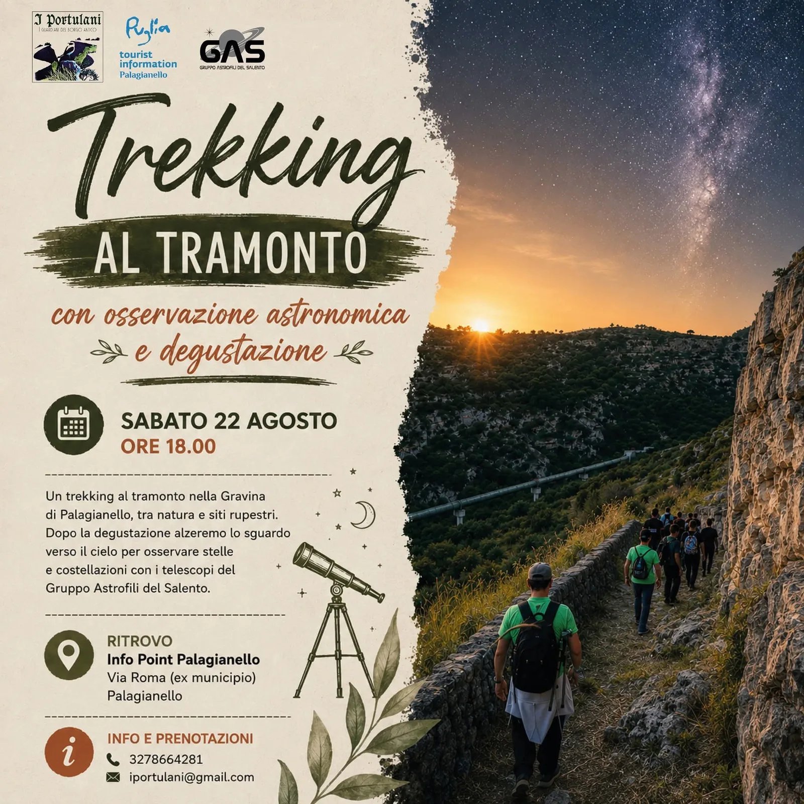 Locandina Trekking al Tramonto 2026 con osservazione astronomica a Palagianello (Taranto)