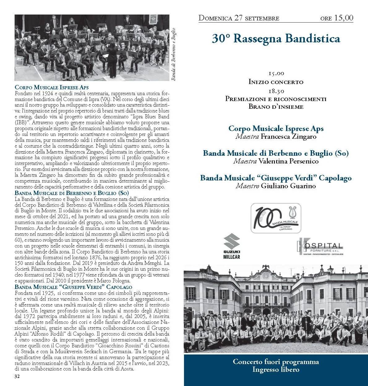 Locandina A Villa Cagnola la 30ª Rassegna Bandistica: tre bande in concerto domenica 27 settembre a Gazzada Schianno a Gazzada Schianno (Varese)