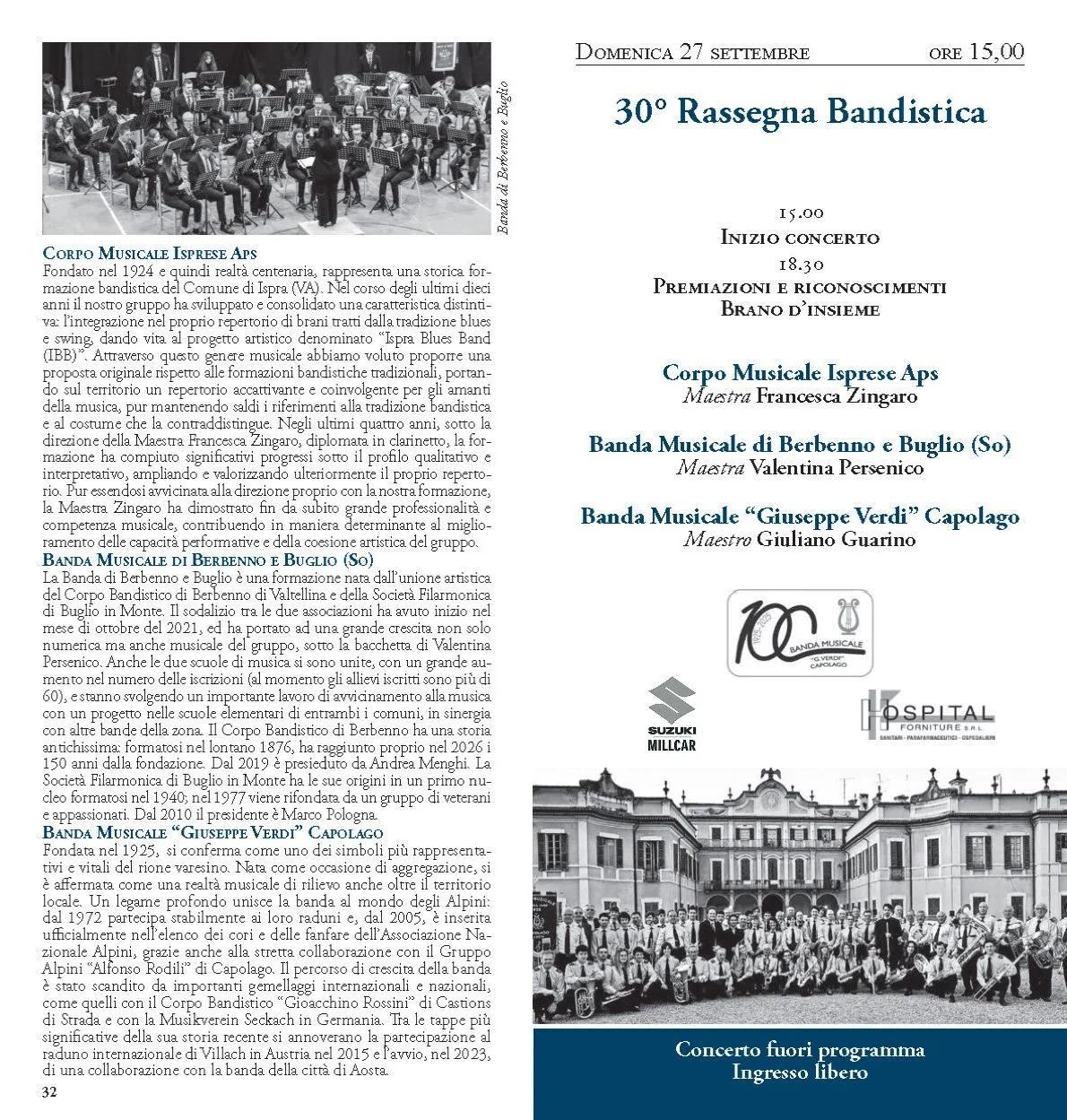 Locandina A Villa Cagnola la 30ª Rassegna Bandistica: tre bande in concerto domenica 27 settembre a Gazzada Schianno a Gazzada Schianno (Varese)