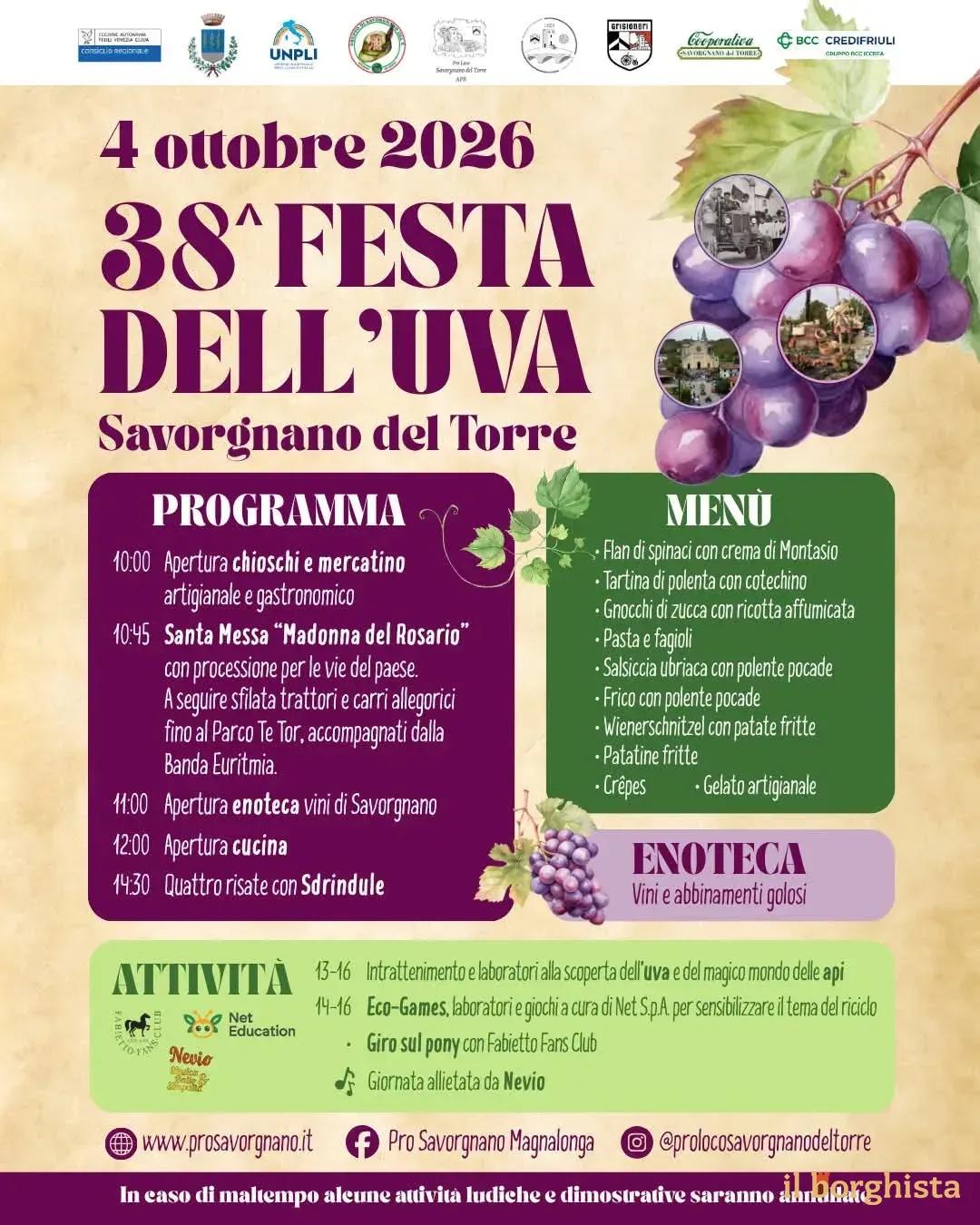 Locandina 38ª Festa dell'Uva 2026 a Savorgnano del Torre (Udine)