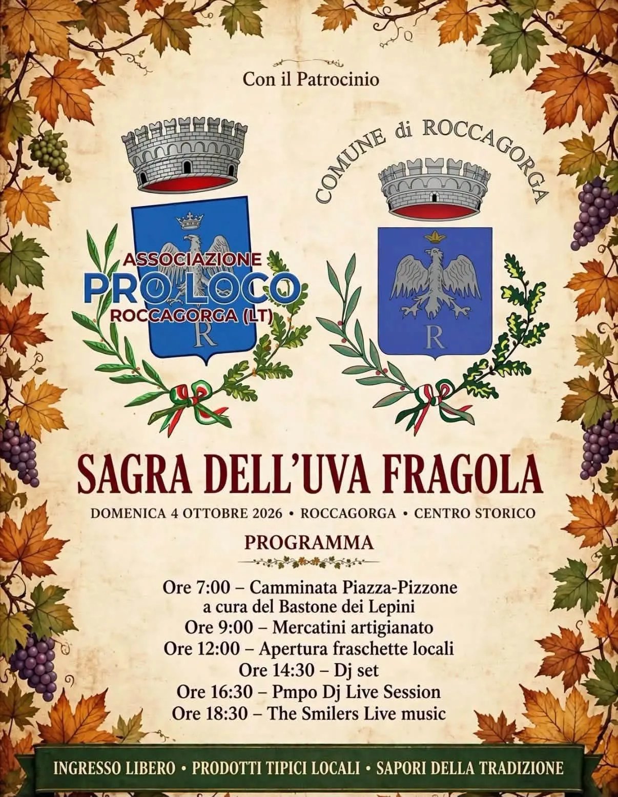 Locandina Sagra dell'Uva Fragola 2026 a Roccagorga (LT)