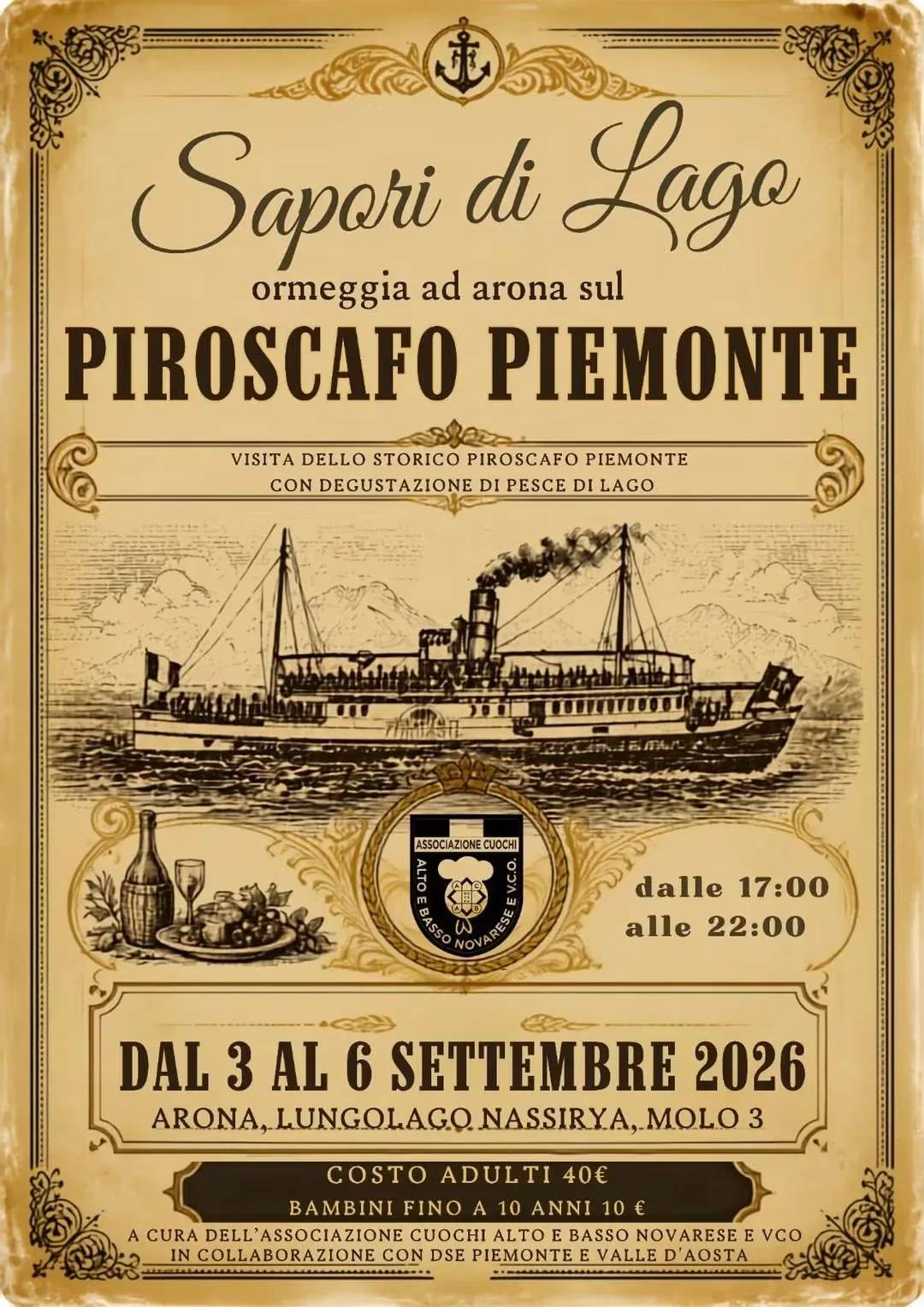 Locandina Sapori di Lago sul Piroscafo Piemonte 2026 a Arona (Novara)