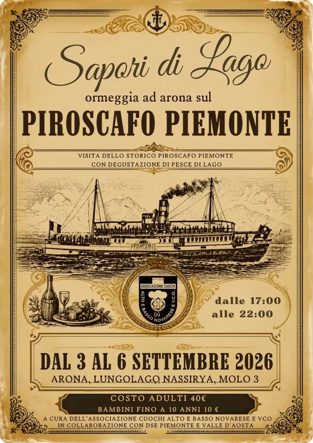 Locandina Sapori di Lago sul Piroscafo Piemonte 2026 a Arona (Novara)