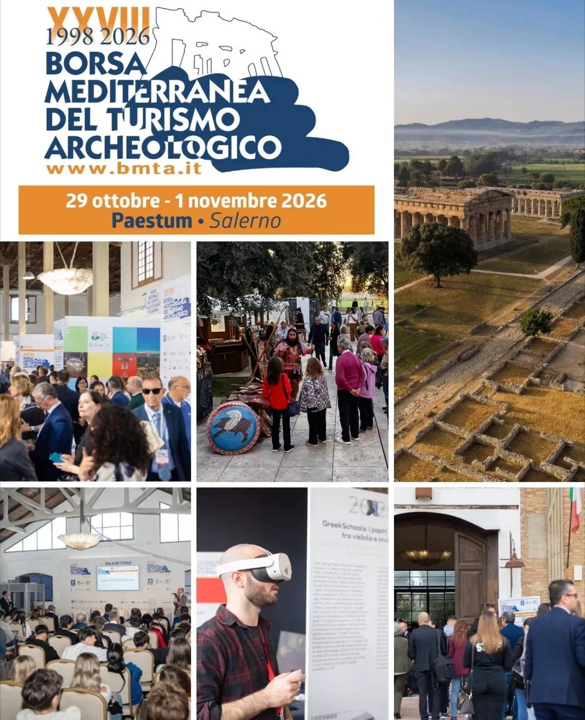 Locandina XXVIII Borsa Mediterranea del Turismo Archeologico 2026 a Capaccio Paestum (Salerno)