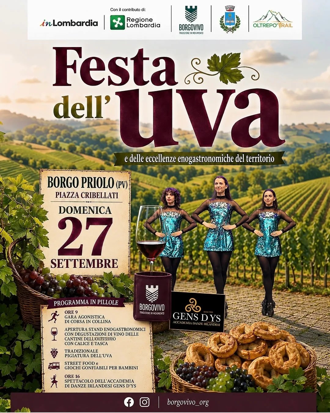 Locandina Festa dell'uva e delle eccellenze enogastronomiche 2026 a Borgo Priolo (Pavia)