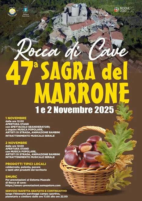 Locandina 47ª Sagra del Marrone 2025 a Rocca di Cave (Roma)