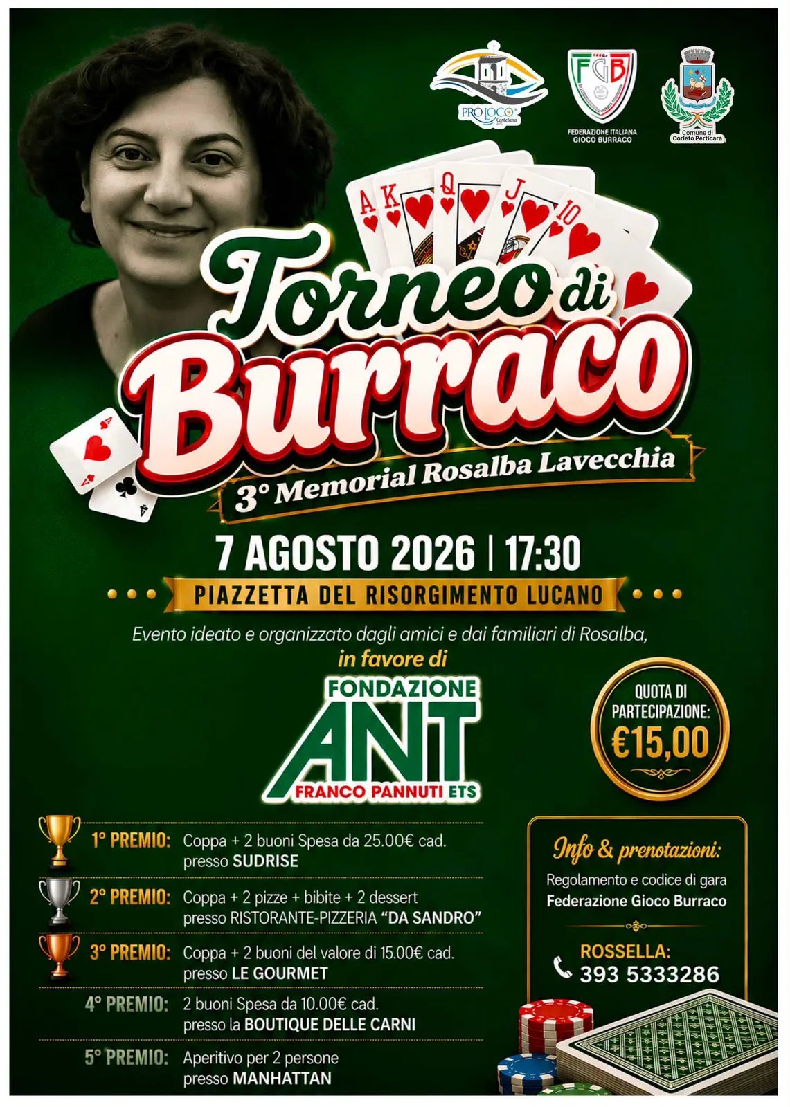 Locandina 3° Memorial Rosalba Lavecchia - Torneo di Burraco 2026 a Corleto Perticara (Potenza)