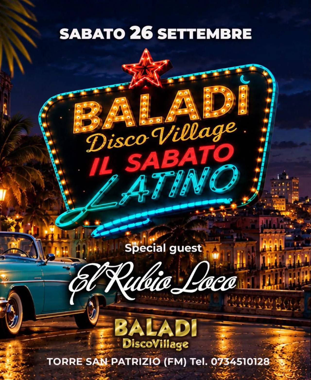 Locandina Baladi Disco Village il Sabato Latino 2026 a Torre San Patrizio (Fermo)