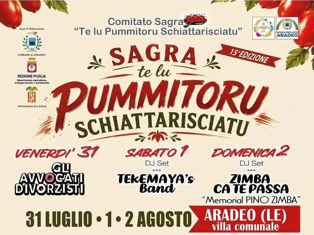 Locandina 15ª Sagra te lu Pummitoru Schiattarisciatu 2026 a Aradeo (Lecce)