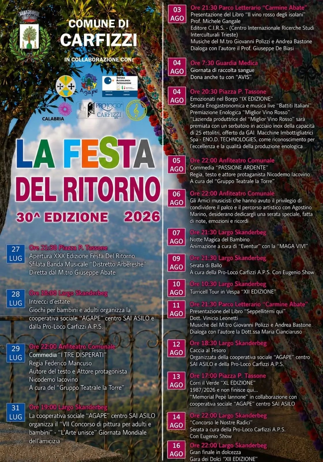 Locandina 30ª Festa del Ritorno 2026 a Carfizzi (Cosenza)