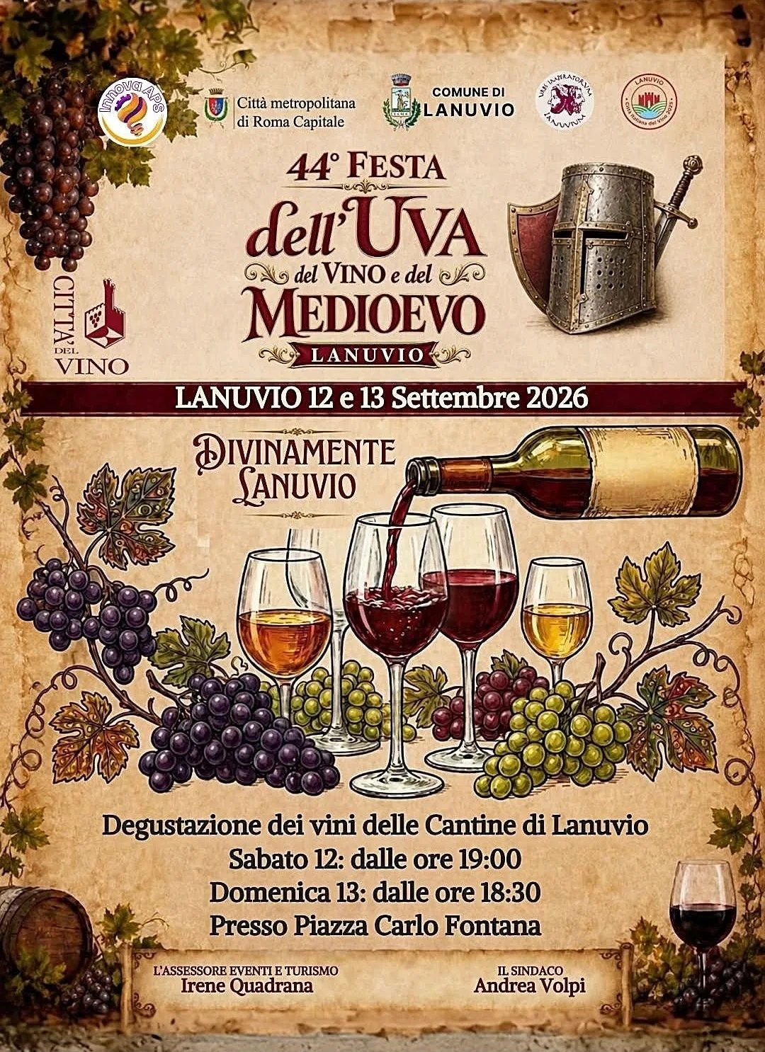 Locandina 44ª Festa dell'Uva, del Vino e del Medioevo 2026 a Lanuvio (Roma)
