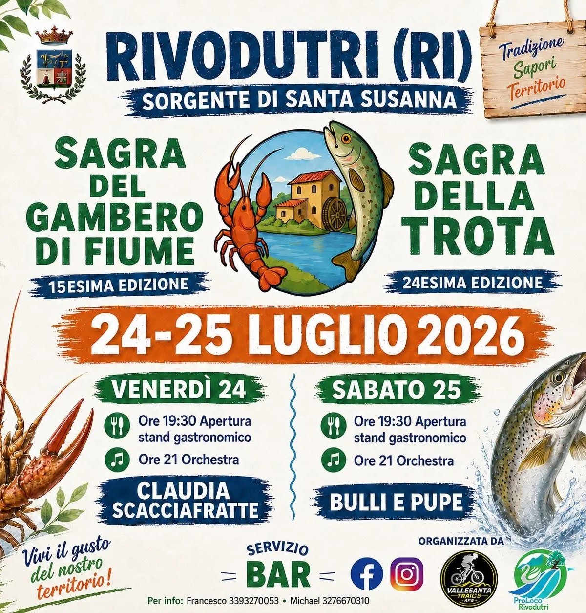 Locandina Sagra del Gambero di Fiume e Sagra della Trota 2026 a Rivodutri (Rieti)