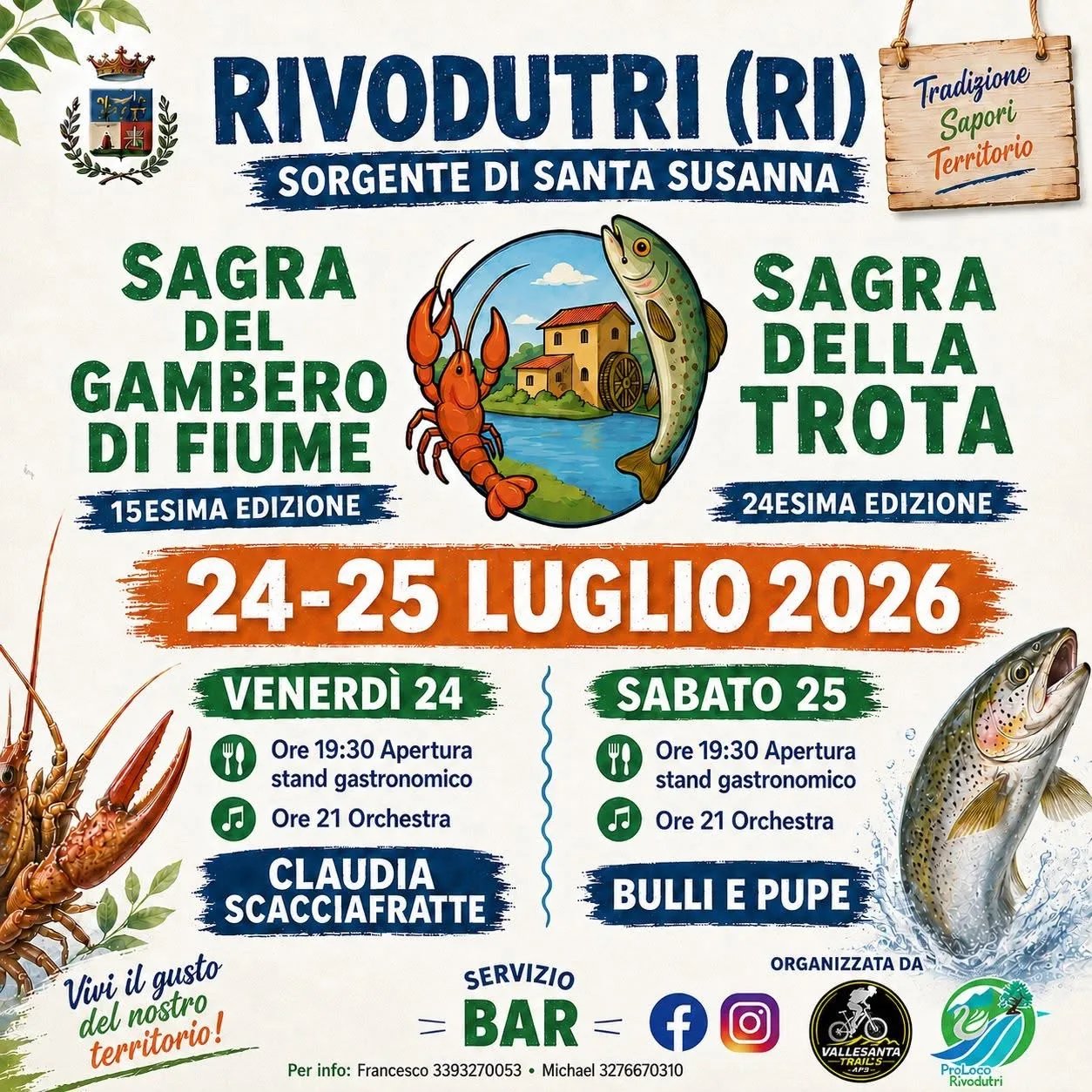 Locandina Sagra del Gambero di Fiume e Sagra della Trota 2026 a Rivodutri (Rieti)
