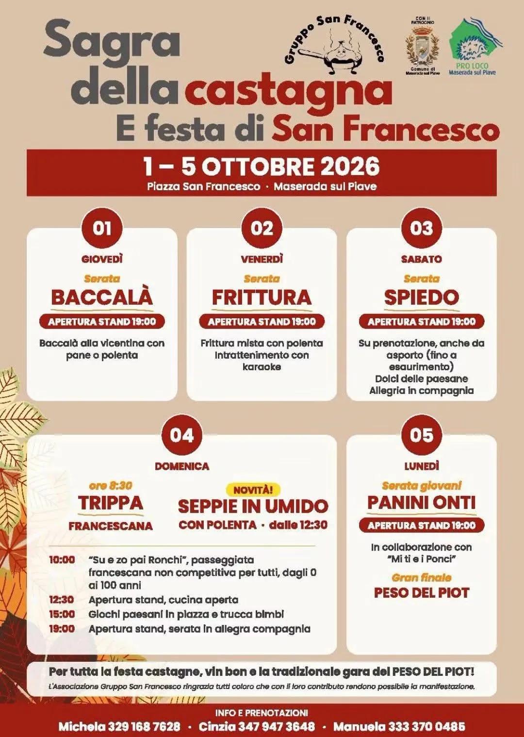 Locandina Sagra della Castagna e festa di San Francesco 2026 a Maserada sul Piave (Treviso)