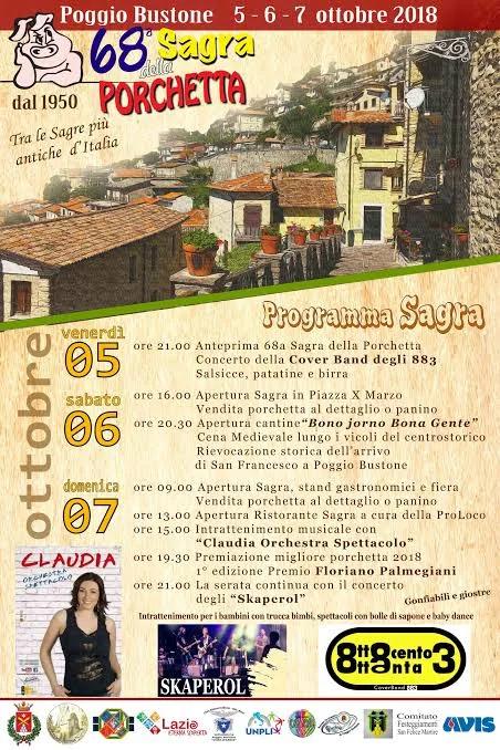 Locandina 68ª Sagra della Porchetta 2018 a Poggio Bustone (Rieti)