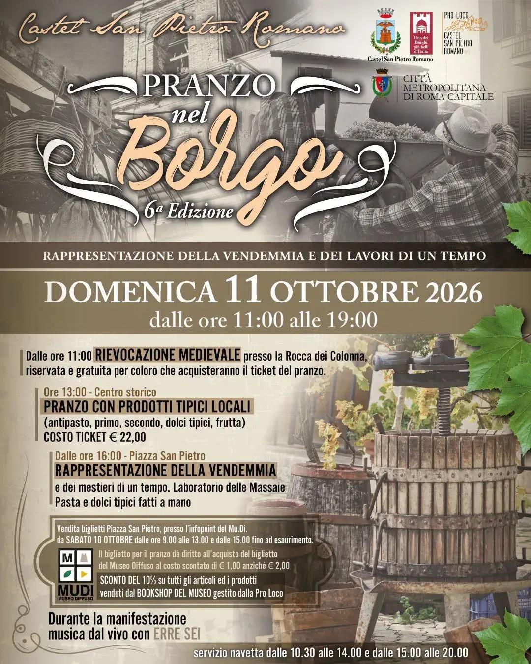 Locandina 6ª Pranzo nel Borgo 2026 a Castel San Pietro Romano (Roma)