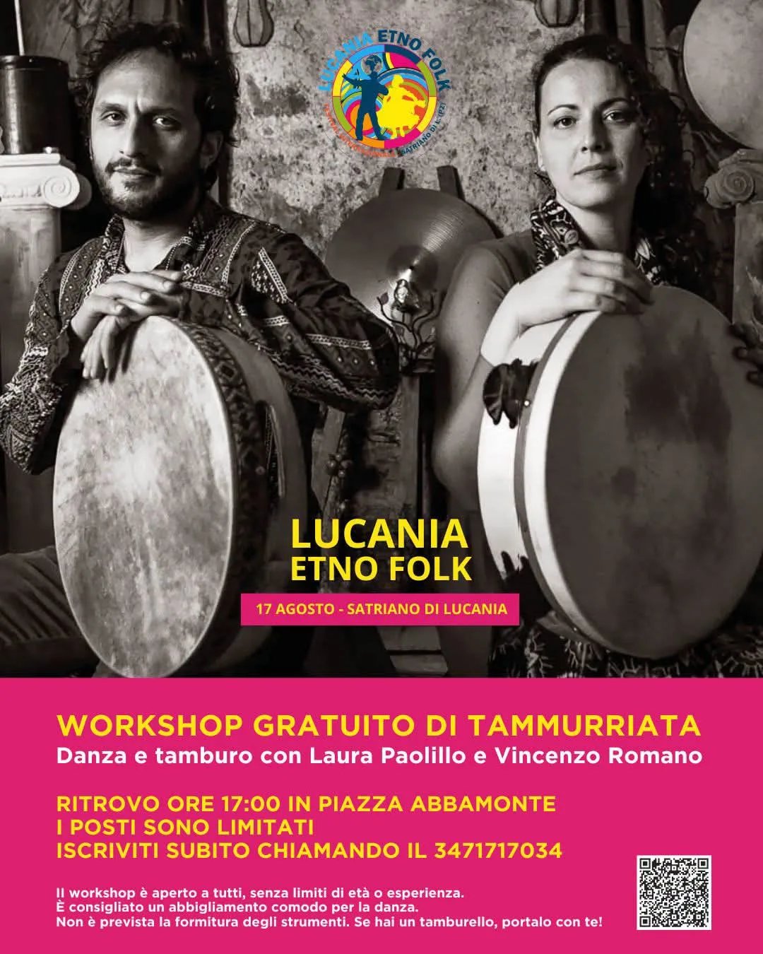 Locandina Lucania Etno Folk 2026 — Workshop Gratuito di Tammurriata a Satriano di Lucania (Potenza)