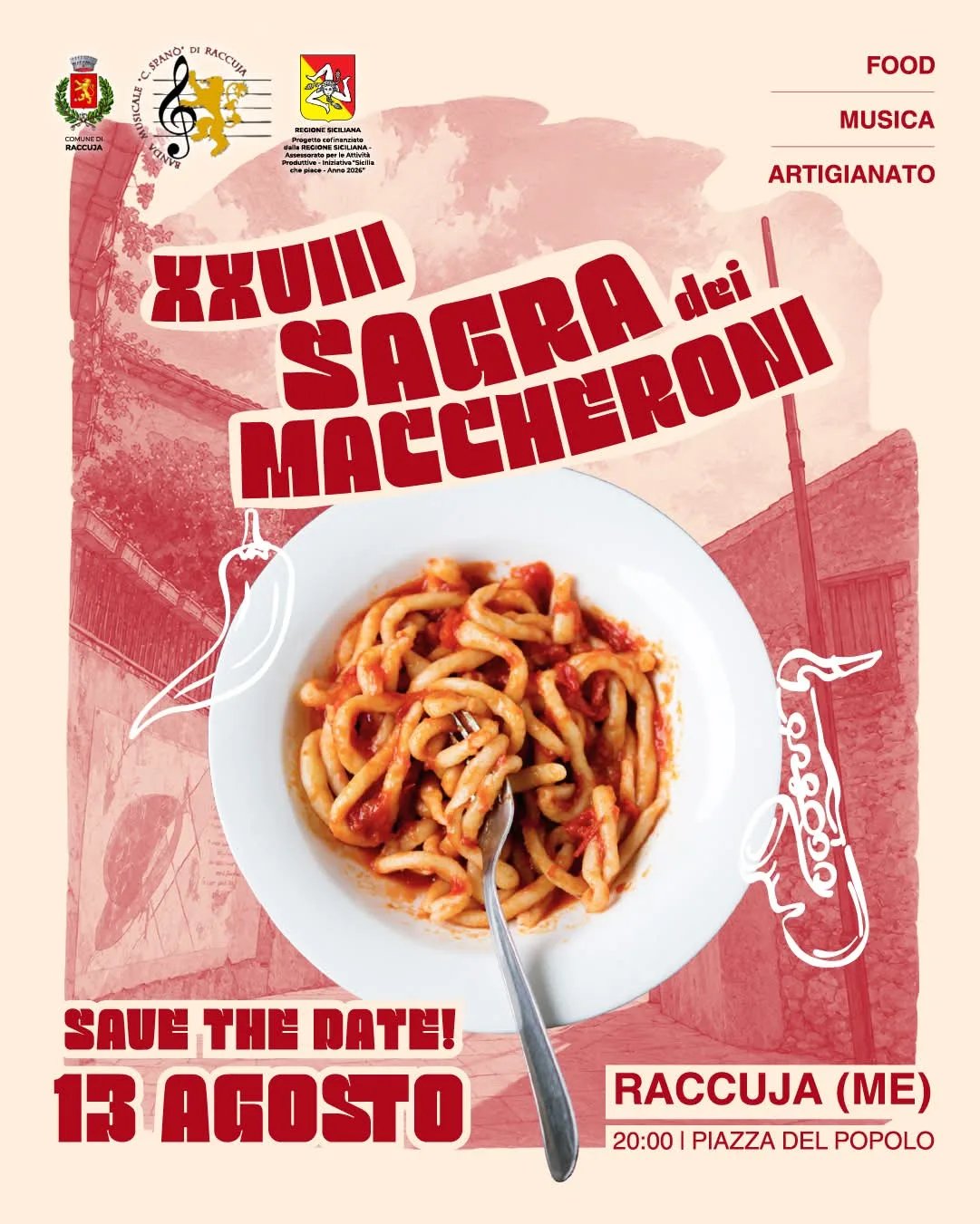 Locandina 28ª Sagra dei Maccheroni 2026 a Raccuja (Messina)