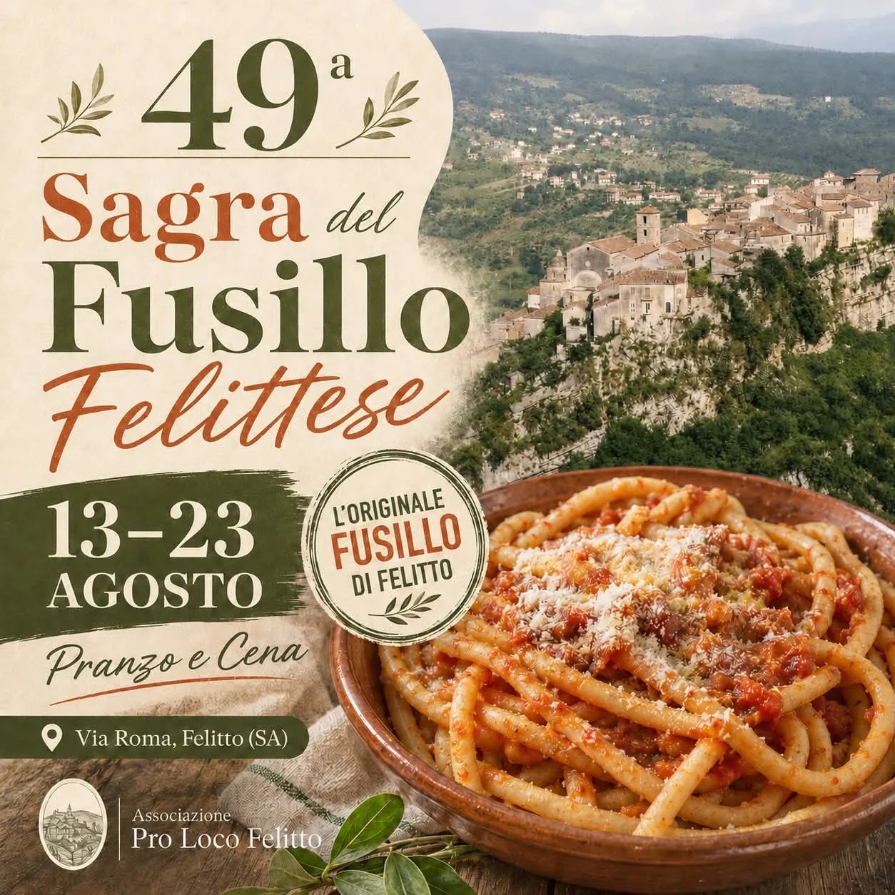 Locandina 49ª Sagra del Fusillo Felittese 2026 a Felitto (Salerno)