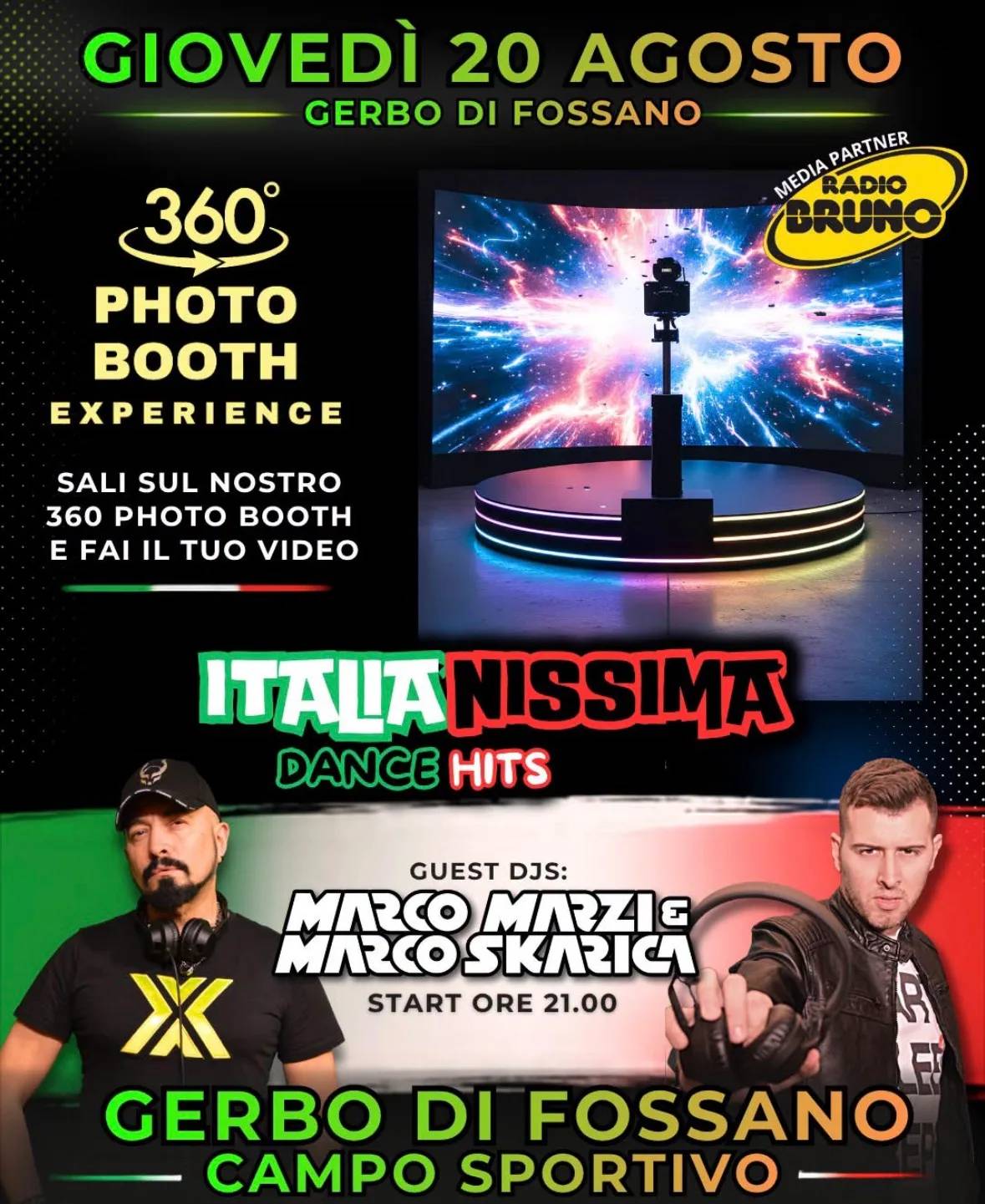 Locandina Evento 360° Photo Booth e Italia Nissima Dance Hits 2026 a Fossano (Cuneo)