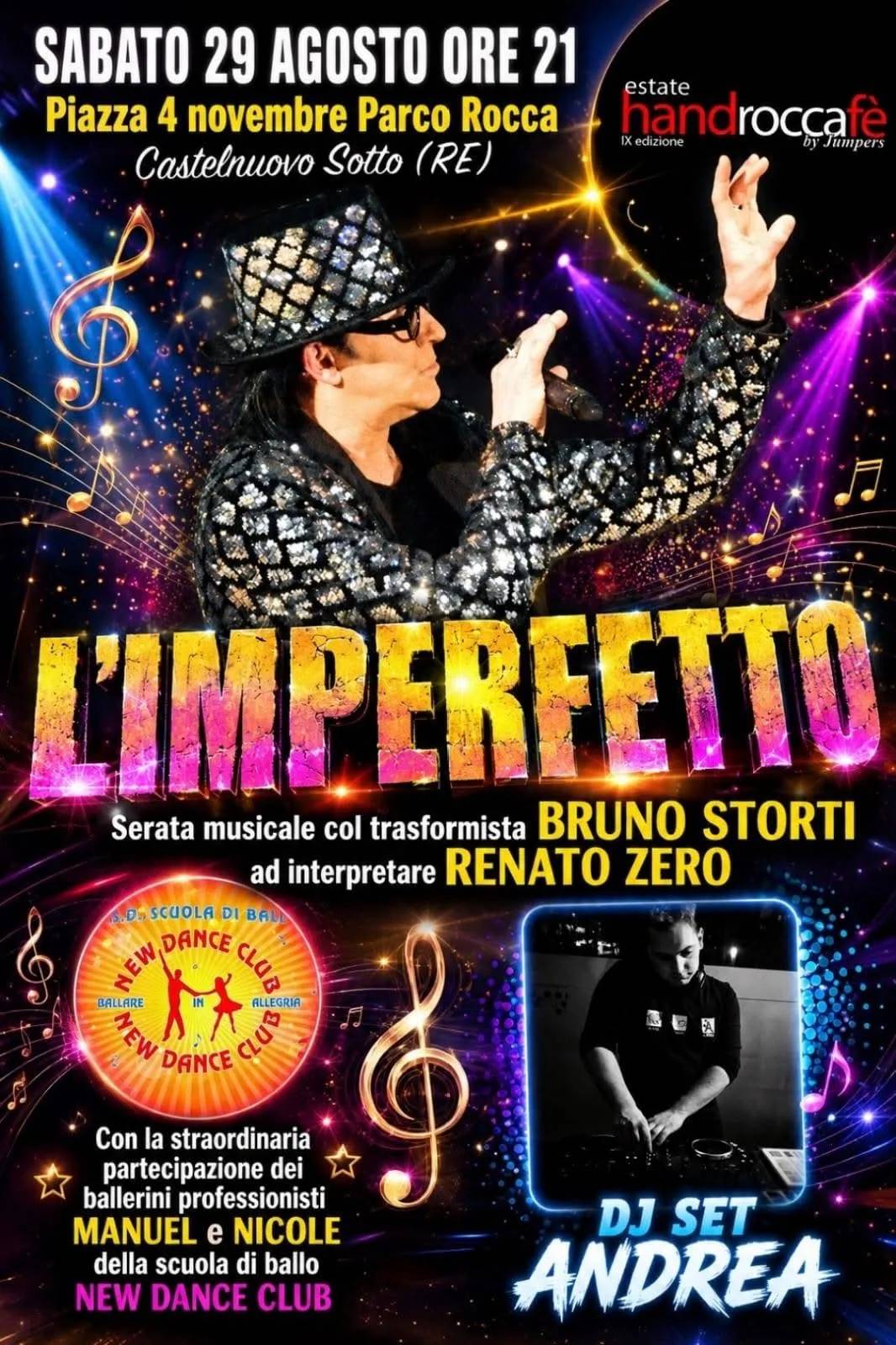 Locandina L'Imperfetto — Tributo a Renato Zero 2026 a Castelnuovo Sotto (Reggio Emilia)