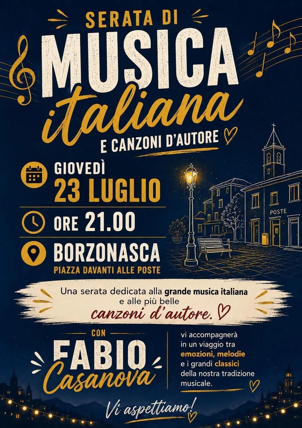Locandina Serata di Musica italiana e canzoni d'autore 2026 a Borzonasca (Genova)