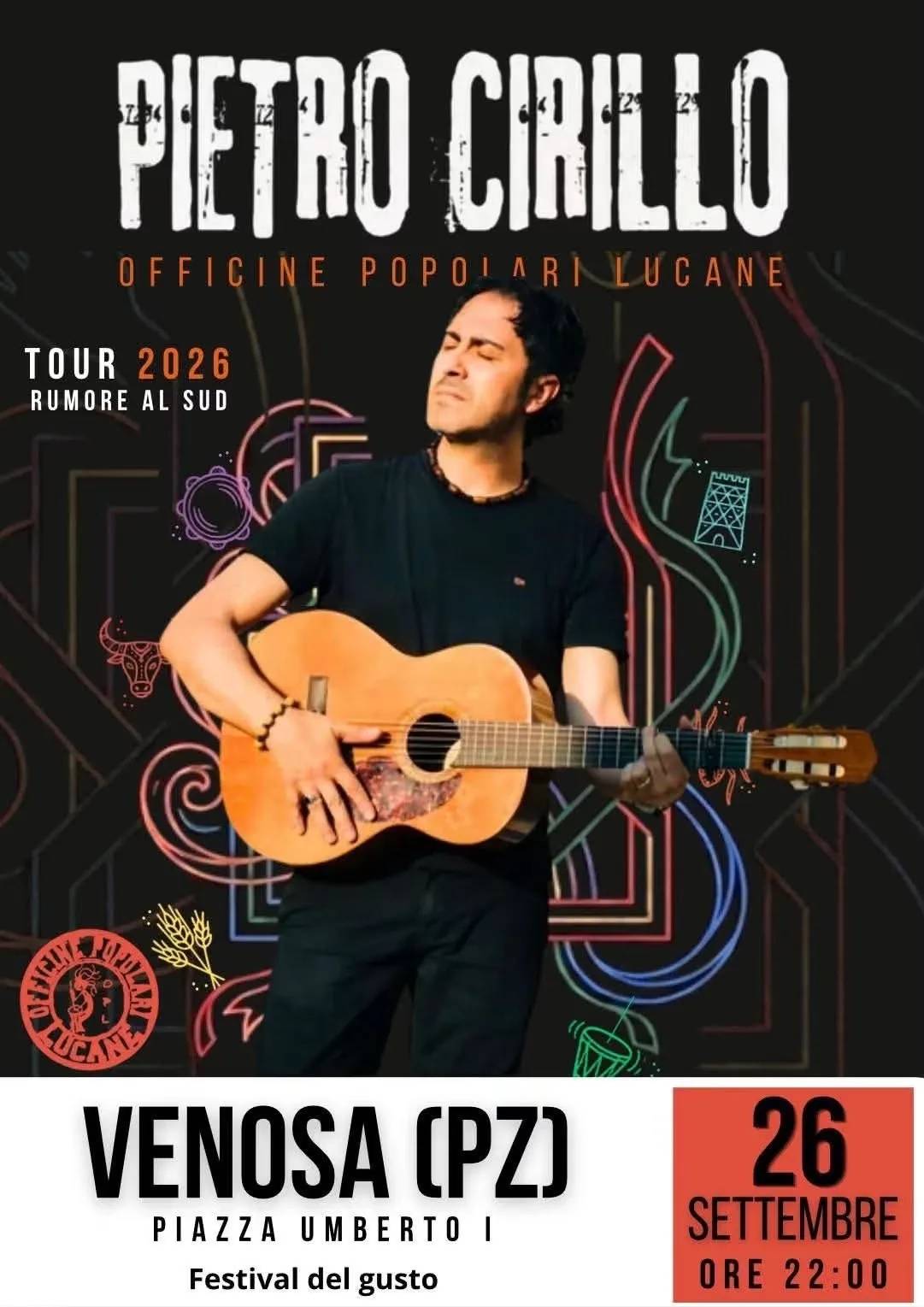 Locandina Pietro Cirillo Officine Popolari Lucane Tour 2026 a Venosa (Potenza)