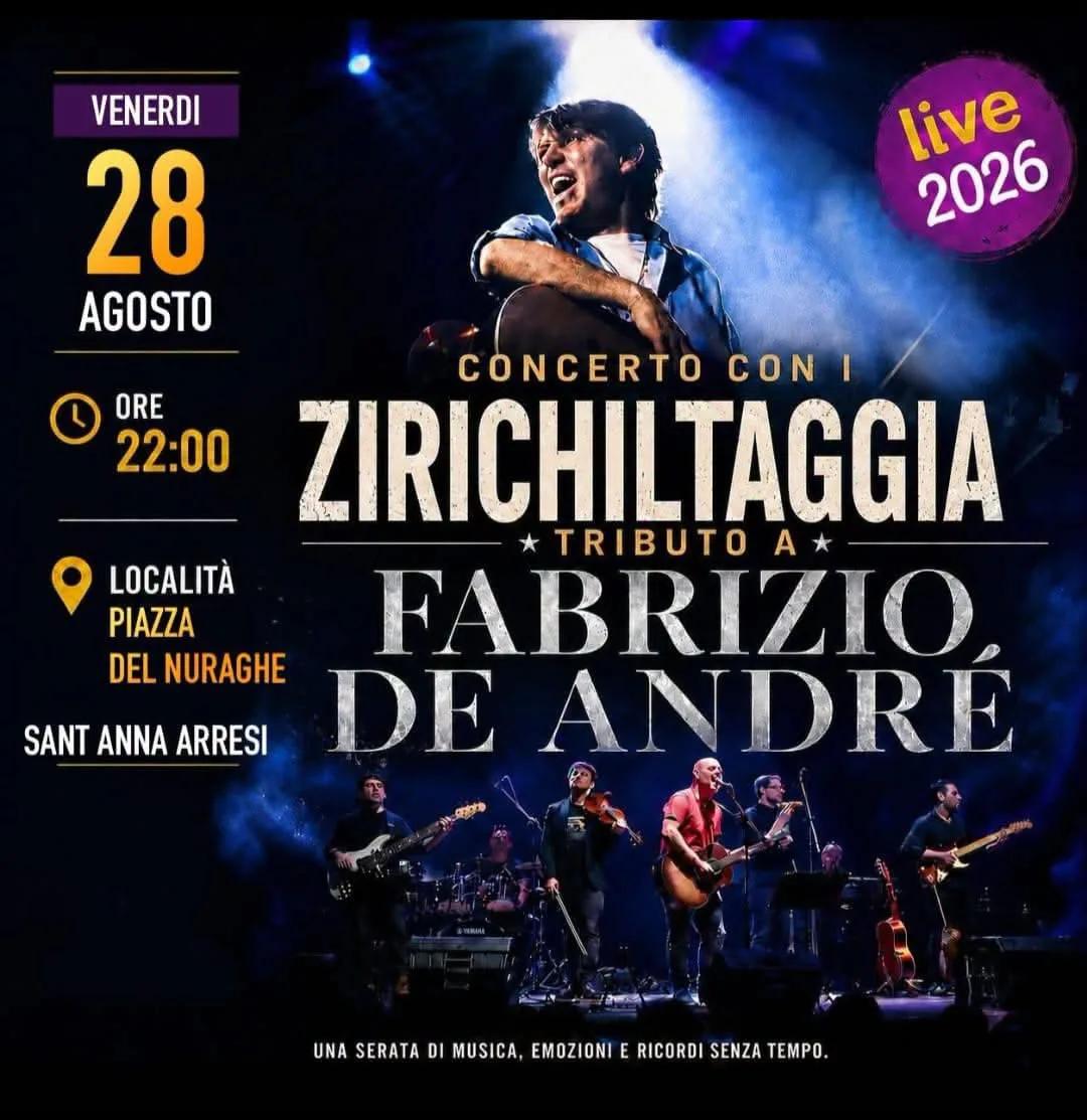 Locandina Concerto con i Zirichiltaggia Tributo a Fabrizio De André 2026 a Sant'Anna Arresi (Sud Sardegna)