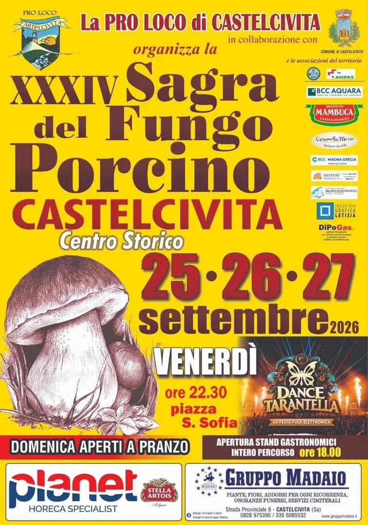 Locandina 34ª Sagra del Fungo Porcino 2026 a Castelcivita (Salerno)