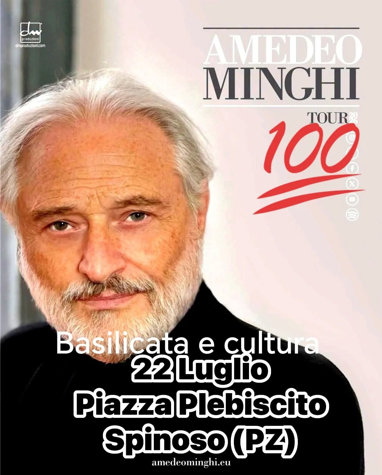 Locandina Amedeo Minghi Tour 100 2026 a Spinoso (Potenza)