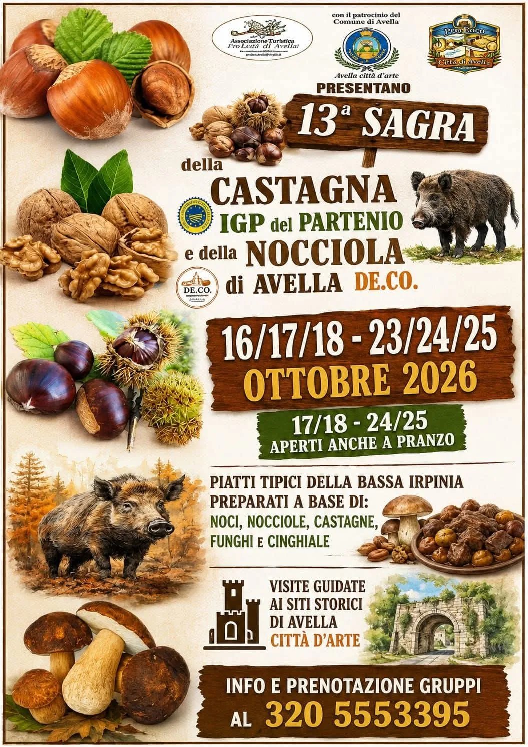 Locandina 13ª Sagra della Castagna IGP del Partenio e della Nocciola di Avella DE.CO. 2026 a Avella (Avellino)