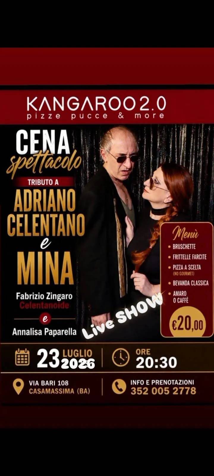 Locandina KANGAROO 2.0 Cena Spettacolo Tributo Adriano Celentano e Min a Casamassima (Bari)