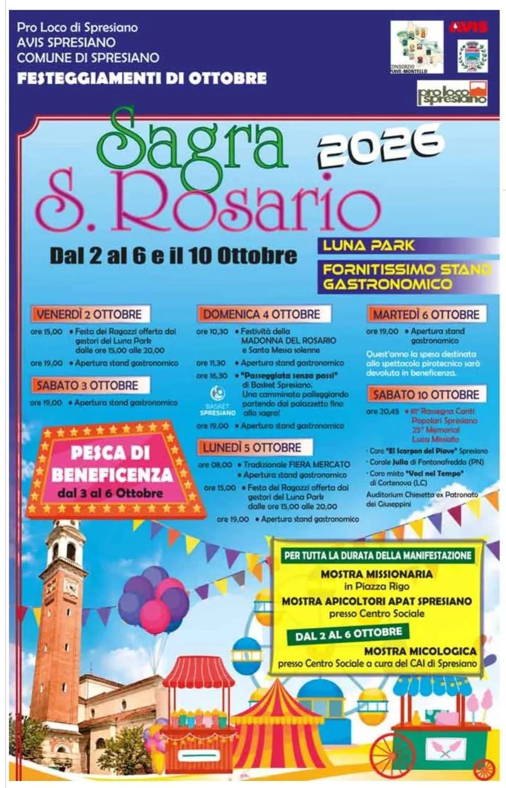 Locandina Rassegna Canti Popolari Spresiano 2026 — 25° Memorial Luca Misiato e Sagra S. Rosario a Spresiano (Treviso)