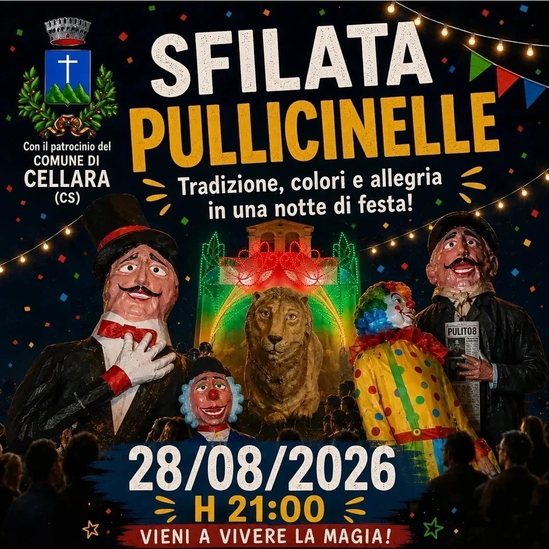 Locandina Sfilata Pullicinelle 2026 a Cellara (Cosenza)