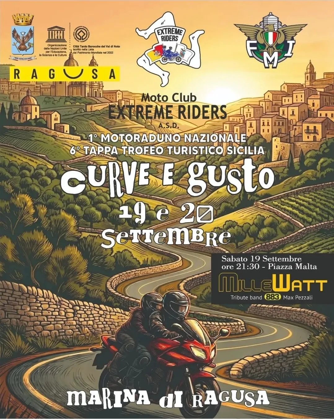 Locandina 1° Motoraduno Nazionale Curve e Gusto 2026 a Marina di Ragusa (Ragusa)