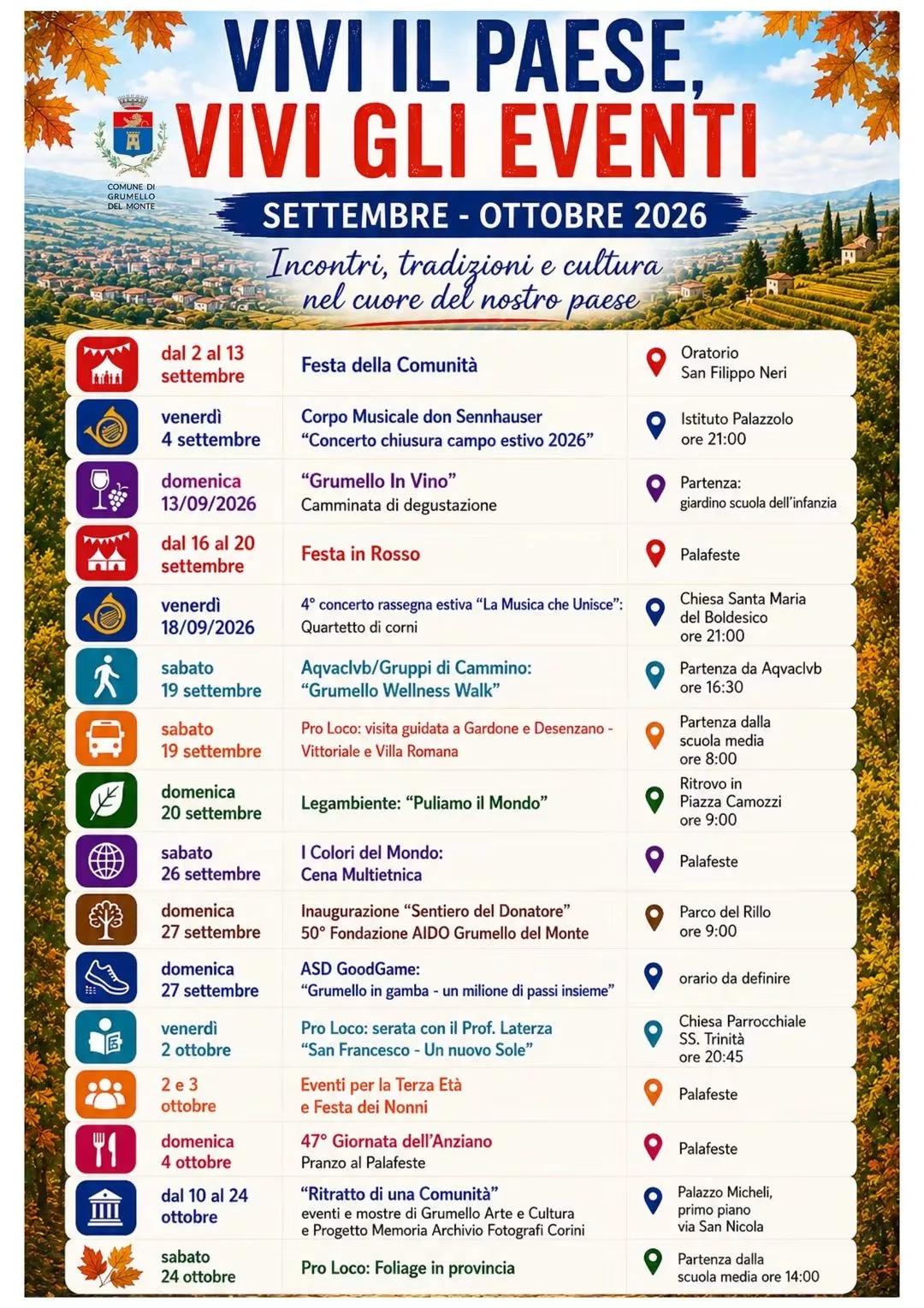Locandina calendario eventi autunno 2026 a Grumello del Monte (Bergamo)
