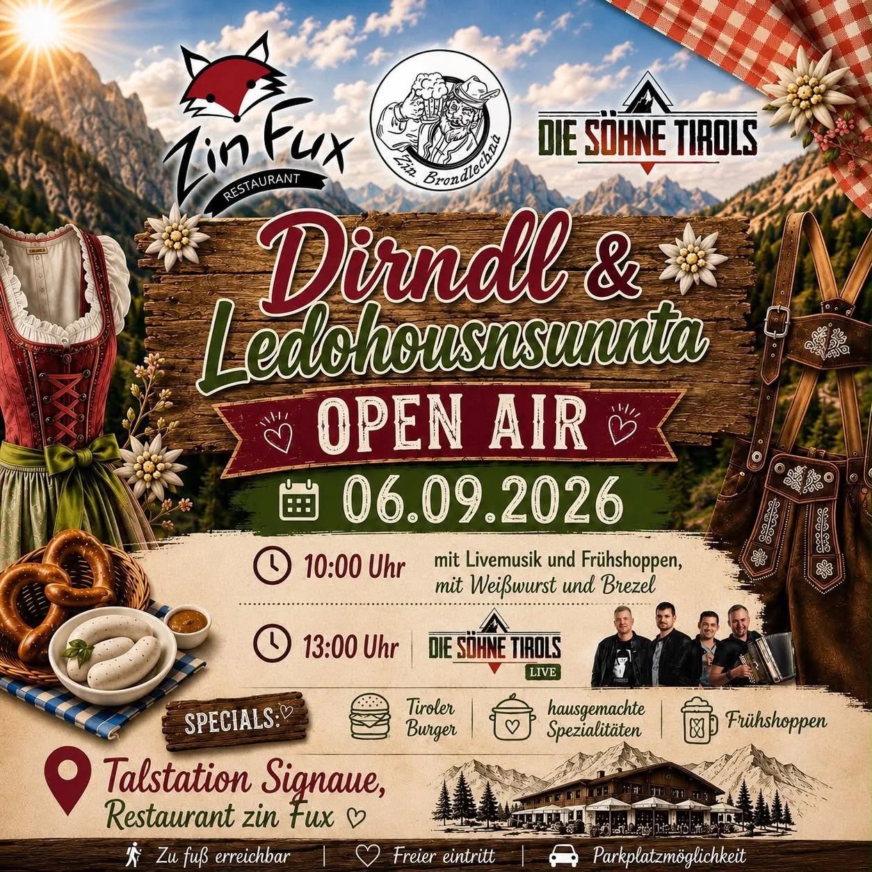 Locandina Dirndl & Ledohousnsunnta Open Air 2026 a Sesto (Bolzano)