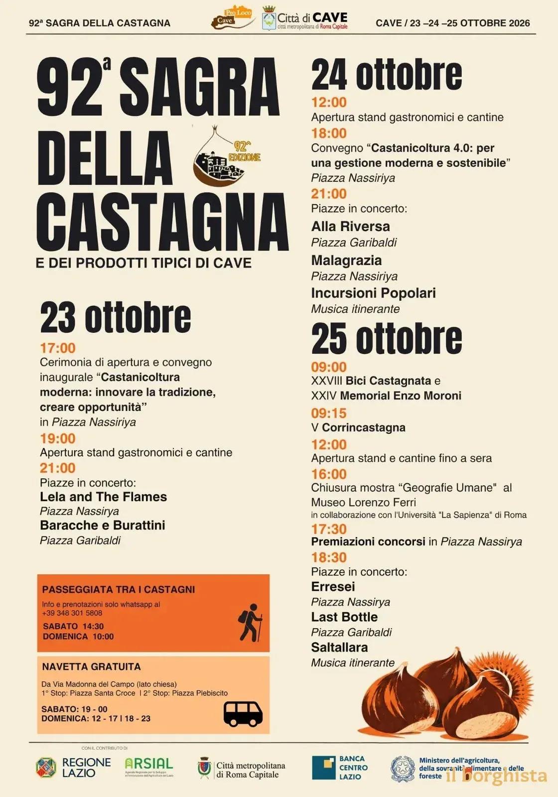 Locandina 92ª Sagra della Castagna di Cave 2026 - Bici Castagnata & Memorial a Cave (Roma)