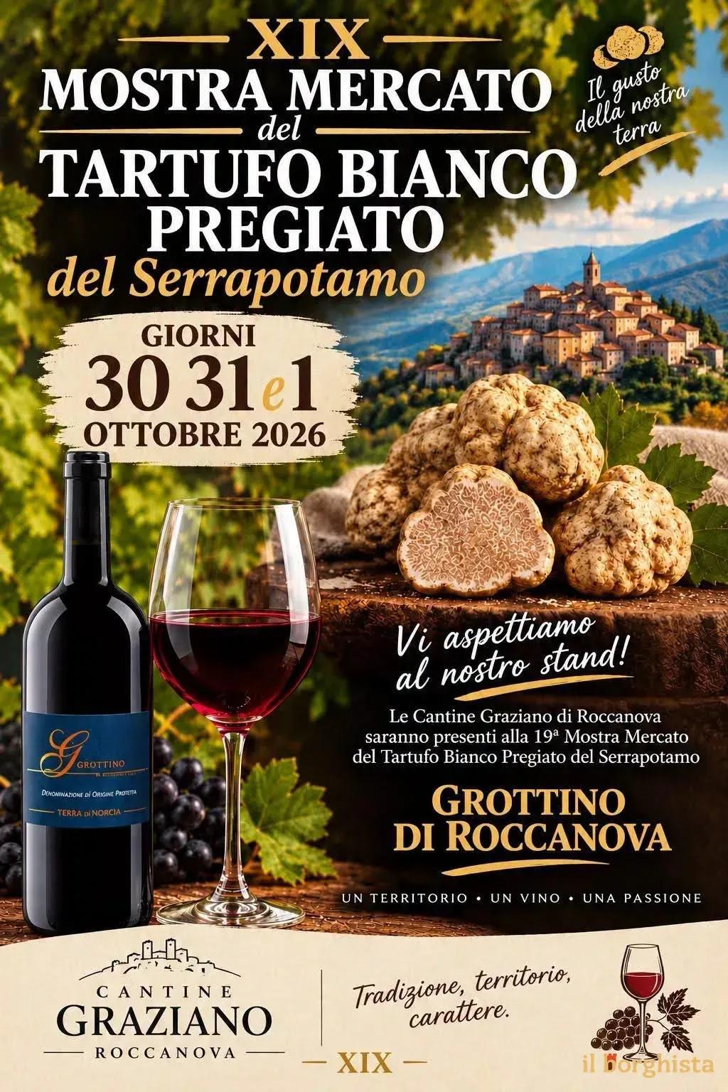 Locandina 19ª Mostra Mercato del Tartufo Bianco Pregiato del Serrapotamo 2026 a Roccanova (Potenza)