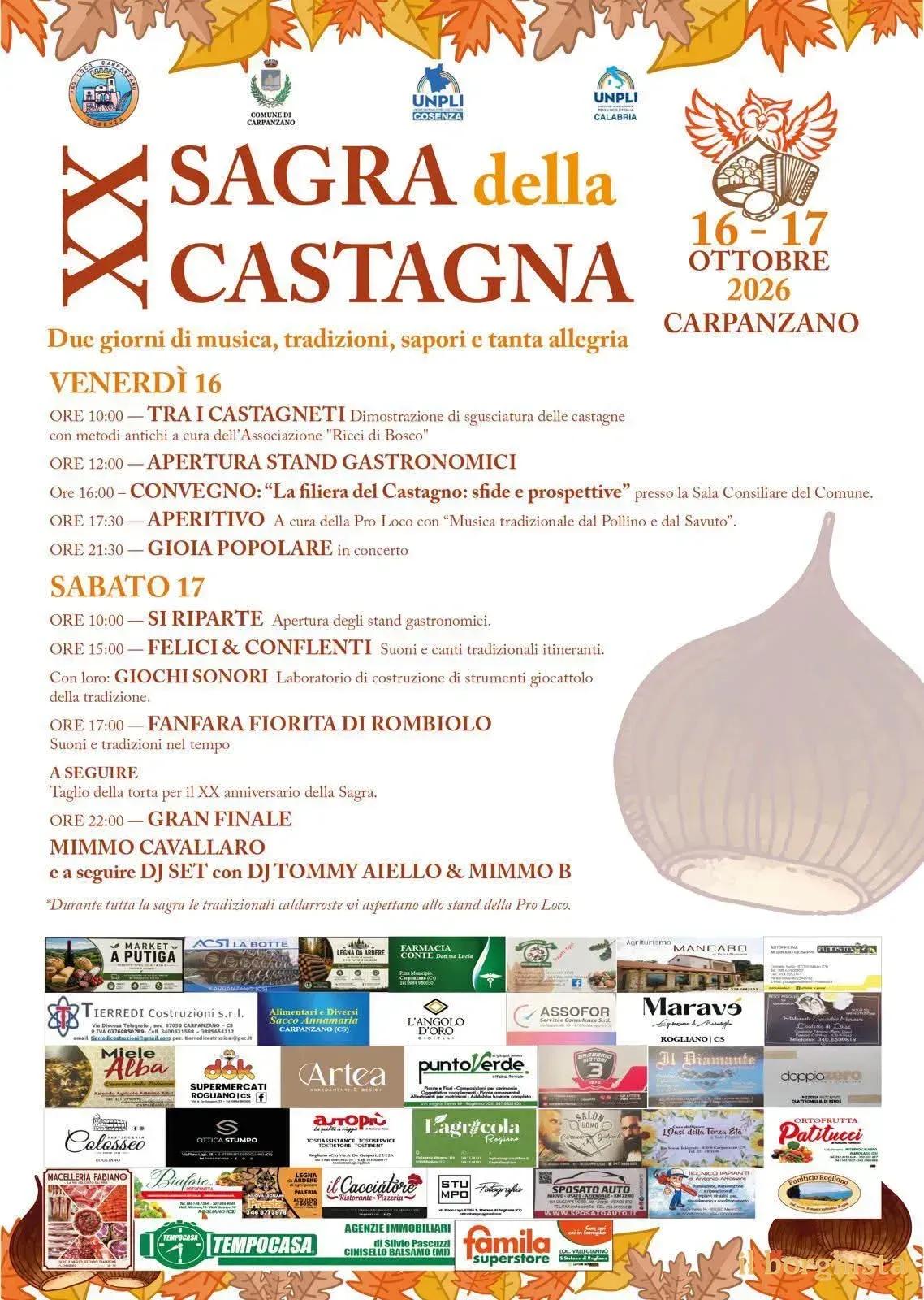 Locandina XX Sagra della Castagna 2026 a Carpanzano (Cosenza)